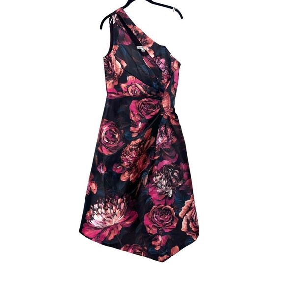 Kay Unger Iris Oxblood Multi Floral One-Shoulder Handkerchief Hem Midi Size 6 - Picture 3 of 13